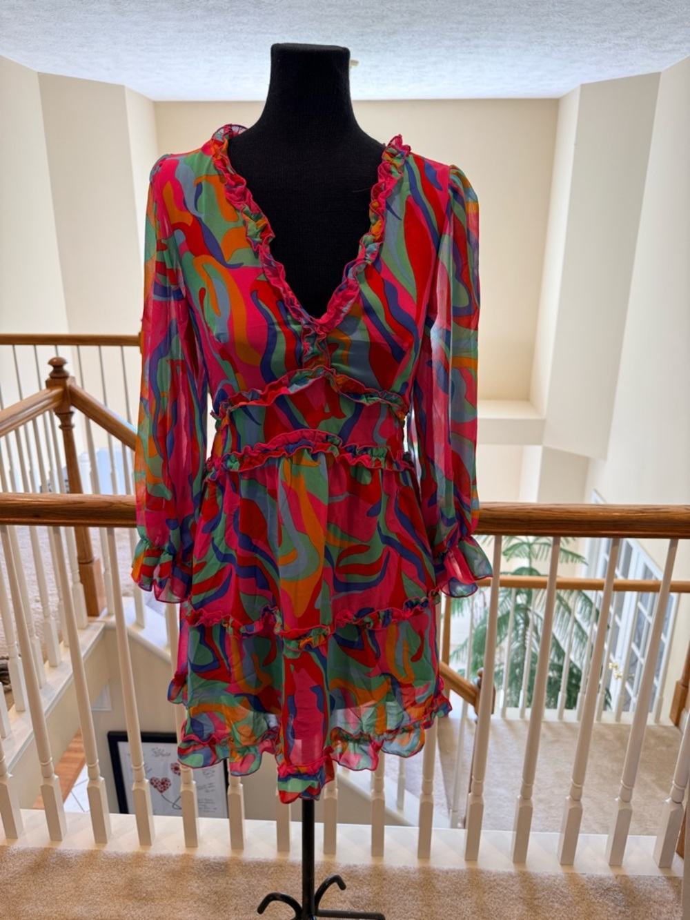 Bold Multicolor Ruffle Tiered Long Sleeve Dress